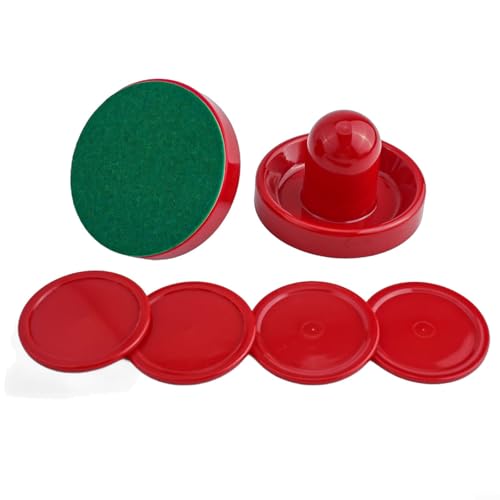 Air Hockey Pushers and Pucks Set, 96mm Red Plastic Mallets with Felt, 64mm Pucks, Replacement Accessories for Indoor Game Tables