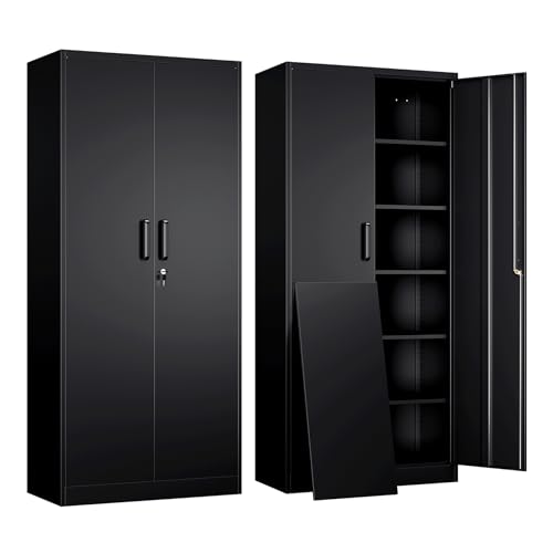 Yizosh Metal Garage Storage Cabinet with 2 Doors and 5 Adjustable Shelves - 71" Steel Lockable File Cabinet,Locking Tool Cabinets for Office,Home,Garage,Gym,School (Black) - color: Black, size: 71"H x 31.5"W x 15.7"D