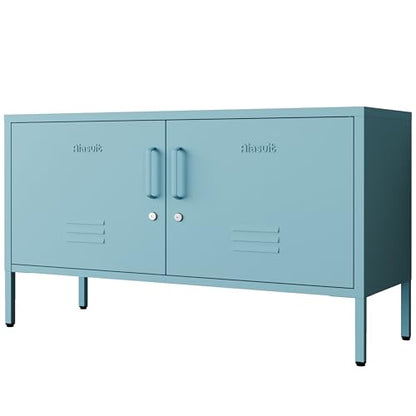 Blue Metal Accent Cabinet Locker with Lock, 2-Door Wide Storage Cabinet, Adjustable Shelves, Multifunctional TV Stand & Entertainment Center for Bedroom, Living Room - color: Ocean, style: TV stand-24"H-LK