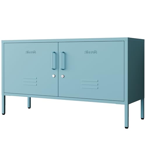 Blue Metal Accent Cabinet Locker with Lock, 2-Door Wide Storage Cabinet, Adjustable Shelves, Multifunctional TV Stand & Entertainment Center for Bedroom, Living Room - color: Ocean, style: TV stand-24"H-LK
