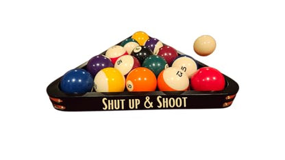 Pool Billiard Ball Rack and Pool Ball Triangle Shut Up & Shoot Design - Custom Engraved Billiards Rack - Unique Pool Room Decor (Gold)