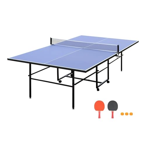 Professional Outdoor Table Tennis Table, 9ft Full Size Ping Pong Table for Indoor/Outdoor Use, Weatherproof Folding Portable Design with Wheels, Net Included, 10-Min Assembly, Playback Mode