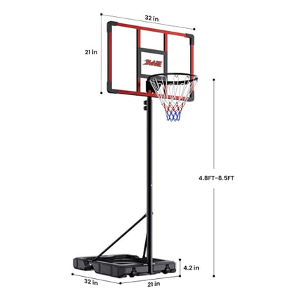 Portable Basketball Hoop for Kids & Teens, 4.1–8.5FT Adjustable Height, 32'' Shatterproof Backboard, Fillable Base with Weight Bag, Outdoor Goal for Backyard & Driveway