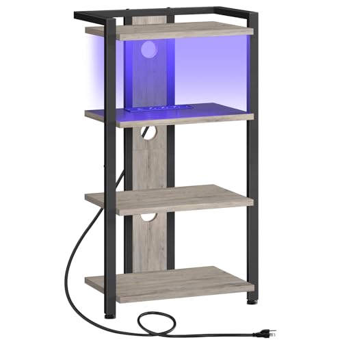 HOOBRO 4-Tier AV Media Stand, Media Console with Charging Station and LED Light, Wooden Stereo Cabinet, Corner TV Stand, Record Player, Entertainment Device Stand, BG38UDCJ01 - color: Greige + Black, size: 16.5"L x 10.6"W x 31.8"H