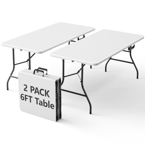 2 Pack Folding Table 6ft - Heavy Duty Plastic Table with Handle, Foldable & Portable, Fold-in-Half Utility Tables for Outdoor, Dining, Wedding, Events, Indoor, Picnic, Camping, Party(White) - color: White, size: 6FT-2pack
