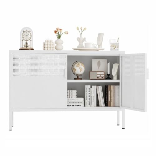 Metal Storage Cabinet,2 Door TV Stand, Metal Mesh Accent Cabinet,Magnetic Door Closure,Low Storage Cabinets with Doors and Shelf for Home,Office,Living Room - color: White, size: 25"H