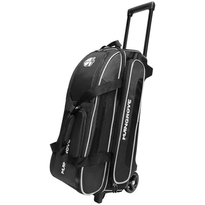 Mangrove 3 Ball Bowling Bag with Wheels & Shoe Compartment, Deluxe Bowling Ball Bag 3 Ball Roller, Rolling Triple-Ball Bag w/Accessory Pocket & Retractable Handle Extends to 40'' - color: Black