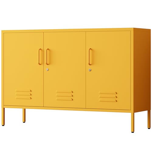 Lockable metal storage cabinet 32-inch freestanding metal sideboard Three-door multi-purpose storage unit Featuring two adjustable shelves for ample storage capacity Yellow 13.77"D x 47.3"W x 31.5"H - color: Yellow, style: locker-33"H-FE