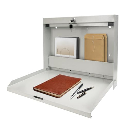 Wall Mounted Storage Rack with Locking Fold Down Shop Desk, Space Saving Table with Storage Shelves 20" W x 3-3/8"D (Tan)
