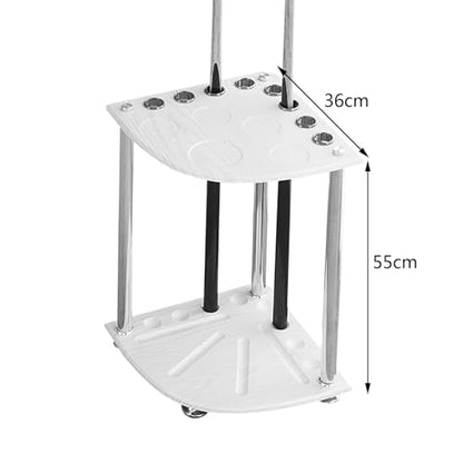 8-Cue Pool Rack Floor Stand – Wooden Freestanding Billiard Stick Holder with Ball & Drink Storage, White/Walnut/Black