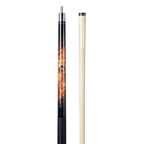 ASKA Fireball 2-Piece Pool Cue Stick, 58", 19oz, Hardrock Maple Shaft, 12.75mm Hard Leather Tip, Unique Fireball Graphic Overlay, Black Irish Linen Wrap and Marbleized Orange Swirl Ring Accent.