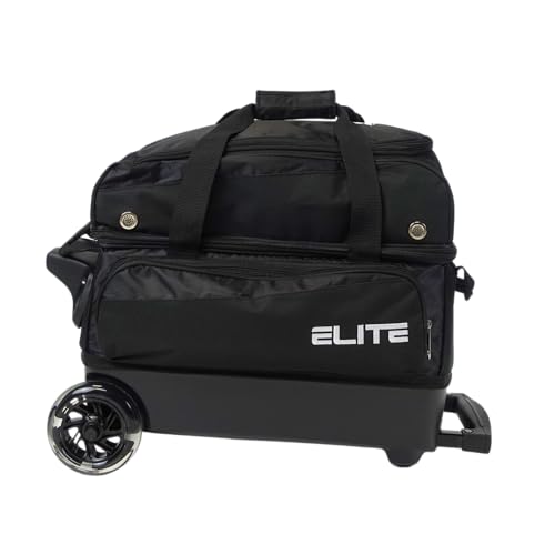 ELITE Deluxe 2 Ball Bowling Bag with 5" Smooth Wheels - Large Accessory Pocket, Shoe Compartment, 36" Extendable Handle - color: Black
