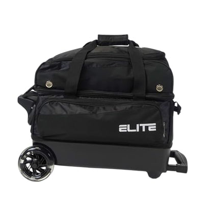ELITE Deluxe 2 Ball Bowling Bag with 5" Smooth Wheels - Large Accessory Pocket, Shoe Compartment, 36" Extendable Handle - color: Black