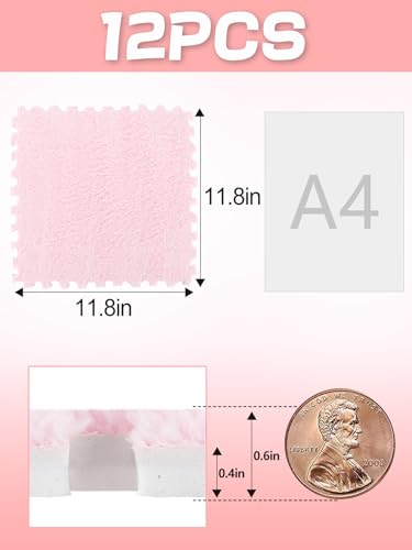 ANPHSIN 12 pcs Thickened Foam Interlocking Floor Mats, Fluffy Plush Mats for Baby with Edgings, Soft Anti-Slip Puzzle Area Rug Playmat, Square Tiles Room Flat (11.8 in, Pink) - color: Pink