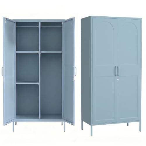 Lockable Closet Metal Wardrobe 67" Blue 2 Door Wardrobe Bedroom Storage Cabinet Adjustable shelf Multi functional metal Storage Cabinet with hanging rail for domestic use 18.1" D x 31.5" W x 67" H - color: Blue, style: armoire-67"H-DU