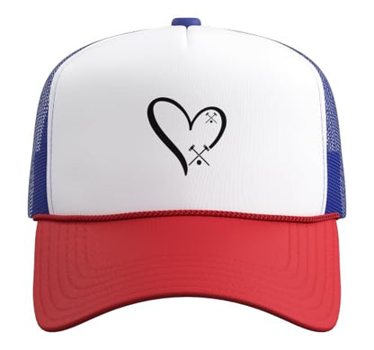 Croquet Heart - Heart with Croquet Mallets Trucker Hat with Adjustable Mesh Back - color: Red/White/Royal Blue