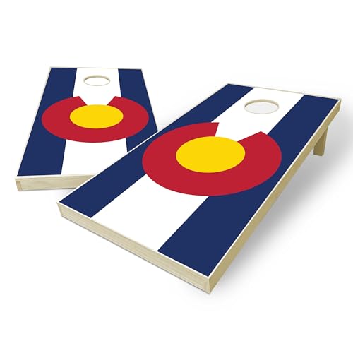 State Flag Solid Wood Regulation Cornhole Set 4 Feet x 2 Feet Includes Set of 8 Bags and Carrying Case with Optional LED Lights and Lamination - style: Colorado