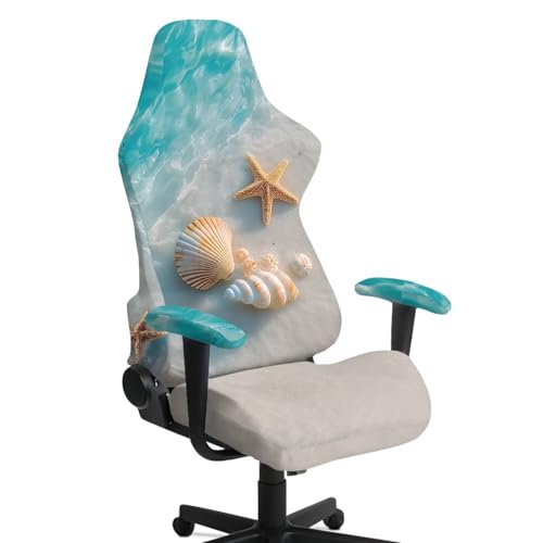 Suobstales Beach Starfish Seashell Conch Pattern Universal Gaming Chair Cover with Armrest Covers, Stretchable Non-Slip Fabric Gaming Chair Protector for Reclining, Swivel & Boss Chairs - color: Beach Starfish Seashell Conch