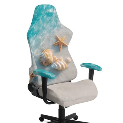 Suobstales Beach Starfish Seashell Conch Pattern Universal Gaming Chair Cover with Armrest Covers, Stretchable Non-Slip Fabric Gaming Chair Protector for Reclining, Swivel & Boss Chairs - color: Beach Starfish Seashell Conch