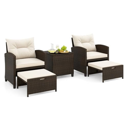 Tangkula 5 Pieces Patio Conversation Set, PE Wicker Outdoor Furniture Set with 2 Chairs, 2 Ottomans & Tempered Glass Coffee Table, Ideal for Poolside, Backyard, Lawn, Deck, Mix Brown & Off White - color: Mix Brown & Off White