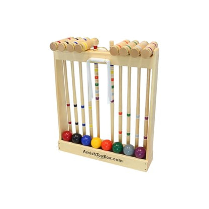 AmishToyBox Deluxe Croquet Game Set - 8 Player - with Wooden Stand (Eight 28" Handles)