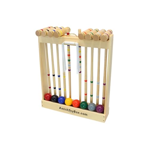 AmishToyBox Deluxe Croquet Game Set - 8 Player - with Wooden Stand (Eight 28" Handles)