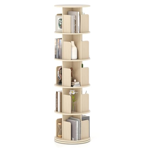 Giantex 5-Tier Rotating Bookshelf, 360° Display Rack w/Dividers & Anti-Falling Baffles, Multifunctional Narrow Floor Standing Bookcase, Book Storage Organizer for Living Room Bedroom, Natural - color: Natural, size: 5-Tier