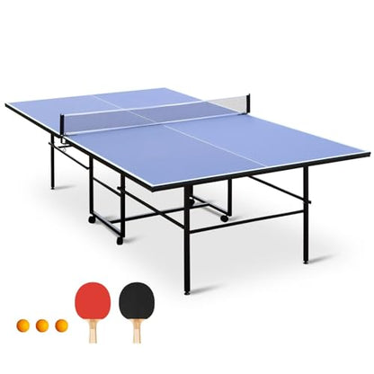 IUNNDS Portable Table Tennis Table 6/8/8.5/9FT Foldable Ping Pong Game Set for Indoor with Net and Post Set, 2 Paddles and 3 Balls - color: Blue-9FT
