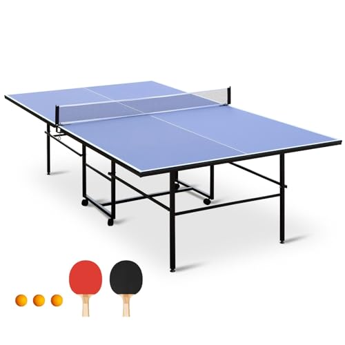 IUNNDS Portable Table Tennis Table 6/8/8.5/9FT Foldable Ping Pong Game Set for Indoor with Net and Post Set, 2 Paddles and 3 Balls - color: Blue-9FT
