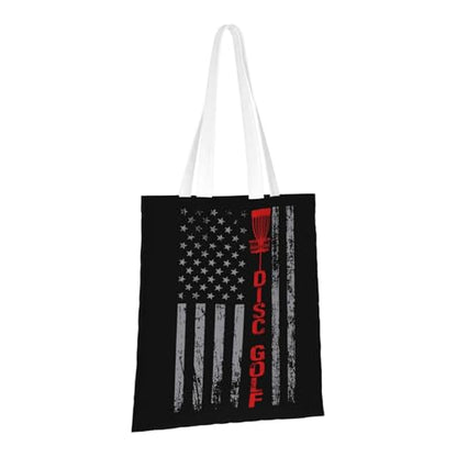 NIENIE Disc Golf With Usa Flag Tote Bag for Women Shopping Bags Reusable Large Capacity Casual Shoulder Handbags DIY Gift Bags Cute Canvas Tote Bag