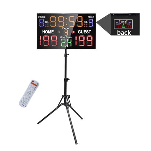 LUCKY TIME Basketball Scoreboard with Shot Clock, 12/14/24/30/25/60 Seconds, Upgraded Thickening Digital Scoreboard with Remote, Battery Powered Electronic Scoreboard for Indoor Outdoor - style: Double-Sided (Remote / Tripod & Battery)