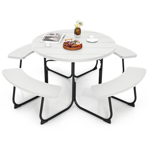 Tangkula 8 Person Picnic Table, Outdoor Round Picnic Table with 4 Built-in Benches, Umbrella Hole, Metal Frame & HDPE Tabletop, Outside Table and Bench Set for Backyard, 2300lbs Weight Capacity - color: White