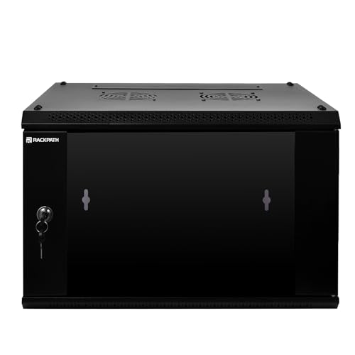 RackPath 6U Wall Mount Network Rack Cabinet – Quiet Cooling Fan, Locking Glass Door, 17.7" Deep (450mm), Removable Locking Side Panels, Fits 19" IT & A/V Equipment - size: 6U