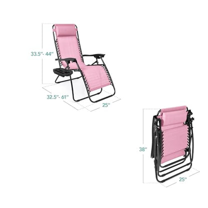 Best Choice Products Set of 2 Adjustable Steel Mesh Zero Gravity Lounge Chair Recliners w/Pillows and Cup Holder Trays - Bubblegum Pink/Black - color: Bubblegum Pink, size: Standard