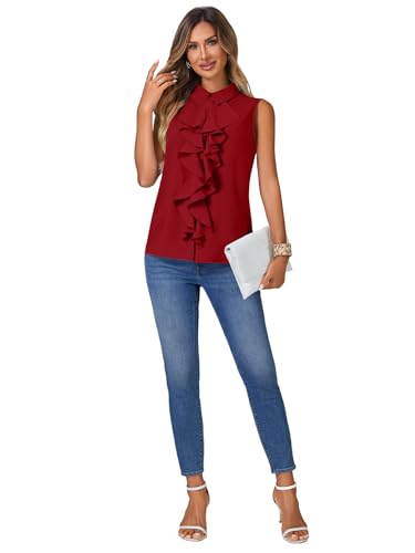Vrtige Women's Summer Tank Top Button Down Ruffle Front Collar Neck Sleeveless Blouse Shirt Top - color: Wine Red, size: Large