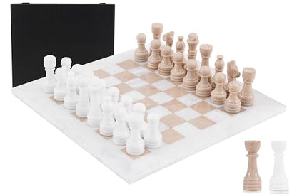 Marble Chess Set 15" Inches White & Verona with Storage Box and 2 Extra Queen Handmade Classic Board Games for Adults, Luxury Chess Board & Marble Chess Set for Adults - color: White & Verona