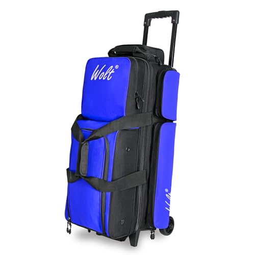 WOLT 3 Ball Bowling Bags with Wheels,Bowling Ball Bag 3 Ball Roller with Separate Shoe Compartment and Accessory Pocket, Retractable Handle Extends to 38’’ - color: blue