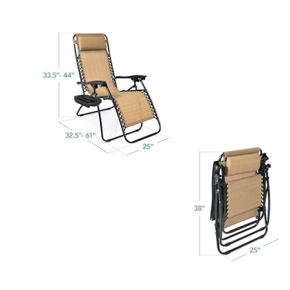 Best Choice Products Set of 2 Adjustable Steel Mesh Zero Gravity Lounge Chair Recliners w/Pillows and Cup Holder Trays - Beige - color: Beige, size: Standard