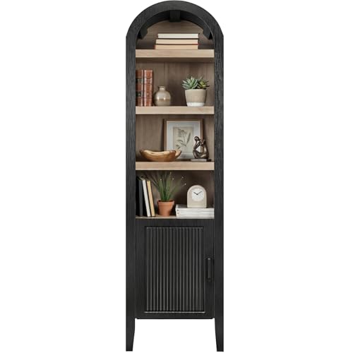 Best Choice Products 72" Tall Narrow Arched Pantry Cabinet w/Reeded Door, 4-Tier Bookshelf, Armoire, Hutch, Bookcase, Storage Cabinet w/Adjustable Shelves, for Dining Room and Livingroom - Black Oak - color: Narrow - Black Oak