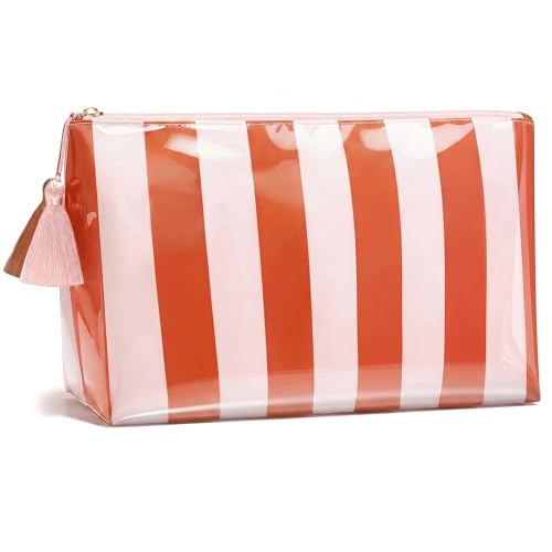 LETGO Striped Clear Sunscreen Bags for Beach Pool,Preppy Makeup Bag for Women,Sun Bag Waterproof Travel Toiletry Makeup Bag,Travel Beach Pool Summer Essentials Bag for Women Girls(Orange Pink) - color: Orange Pink
