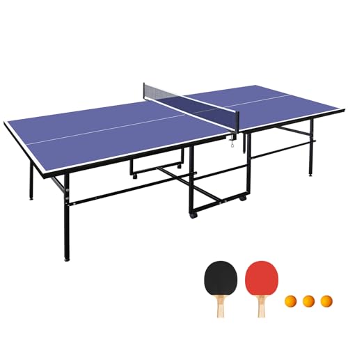 8.5FT/9FT Mid-Size Ping Pong Table, Foldable & Portable Table Tennis Table Set with Net, Table Tennis Paddles and Balls for Family Game - color: Blue, size: 9x4.1Ft