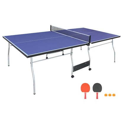 Table Tennis Table, Portable Ping Pong Table Game Set, 8ft Mid-Size Folding Indoor Outdoor Table Tennis Game Set with Net, 2 Table Tennis Paddles and 3 Balls for Adults/Teens