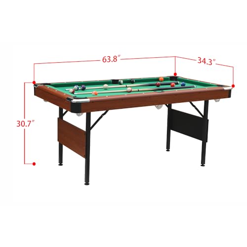 5.3 FT Pool Table Portable Foldable Billiards Table for Kids & Adults with with Balls, Cues, Chalk, Rack & Brush, Compact Space-Saving Game Table for Family Game Room & Office - color: Brown+Green