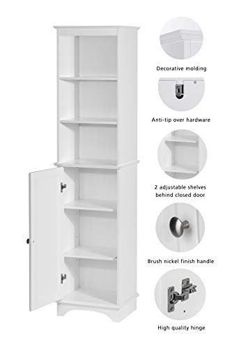 Spirich Tall Narrow Bathroom Storage Cabinet, Slim Linen Tower Cabinet | 3 Open shelves and Adjustable Interior Shelf, Space-saving, Freestanding, Engineered Wood, White, Perfect for Tight Corners
