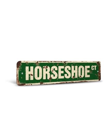 HORSESHOE Vintage Style Rustic Street Sign – Signs Horseshoes Game Player Trophy Retro Decorative Wall Sign for Home, Bar, Garage, or Outdoor Use | 4" X 18" Aluminum Metal Road Sign - color: Aluminum Metal Sign, size: 4 inch X 18 inch