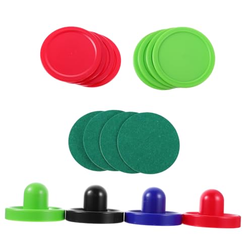 Generic Air Hockey Pucks and Pushers Plastic Replacement Accessories for Standard Table Hockey Game with Strikers in Blue Black Red and Light Green with Felt Pads and Large Red and Light