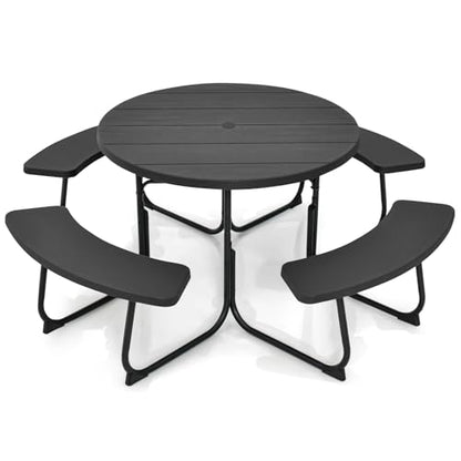 Tangkula 8 Person Picnic Table, Outdoor Round Picnic Table with 4 Built-in Benches, Umbrella Hole, Metal Frame & HDPE Tabletop, Outside Table and Bench Set for Backyard, 2300lbs Weight Capacity - color: Black