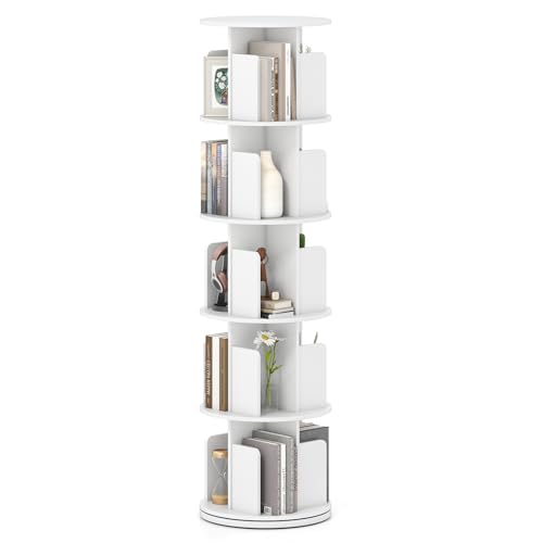 Giantex 5-Tier Rotating Bookshelf, 360° Display Rack w/Dividers & Anti-Falling Baffles, Multifunctional Narrow Floor Standing Bookcase, Book Storage Organizer for Living Room Bedroom, White - color: White, size: 5-Tier