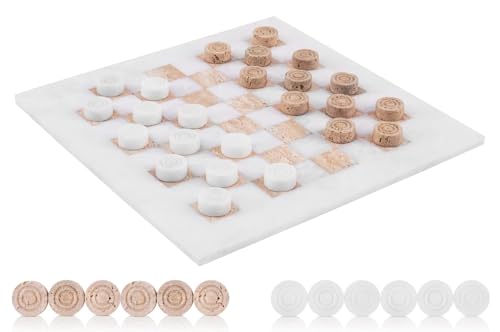 Marble Checkers Set 15 Inches Handmade White and Travertine Checkers Board Game with Checker Pieces - Board Games for Adults, Game Table Accessories, Gifts & Home Décor