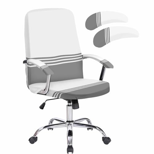 Modern Art Office Chair Cover with Armrest Covers, Grey White Simple Striped Farmhouse Universal Stretch Desk Rotating Chair Slipcovers, Removable Seat Protector with Zipper, M - color: Grey, size: Medium & 2PCS Armrest Covers